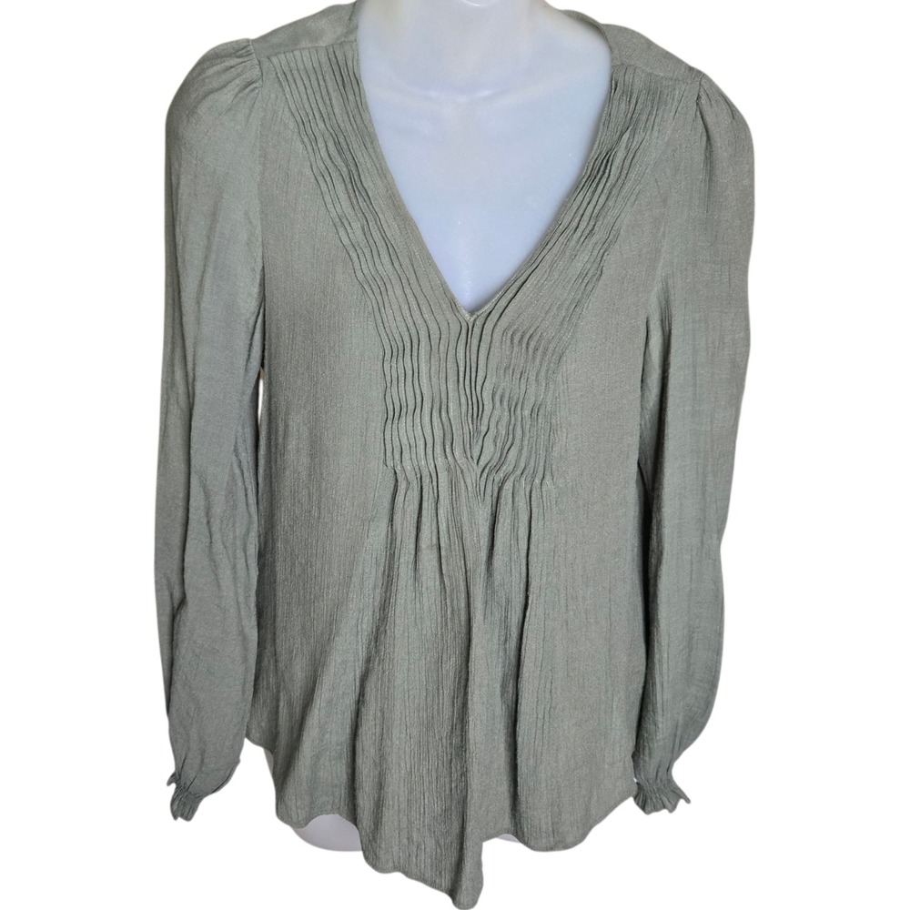 Nanette Womens Peasant Top M Pleated Green V Neck Earthy Granola Prairie‎ Fairy